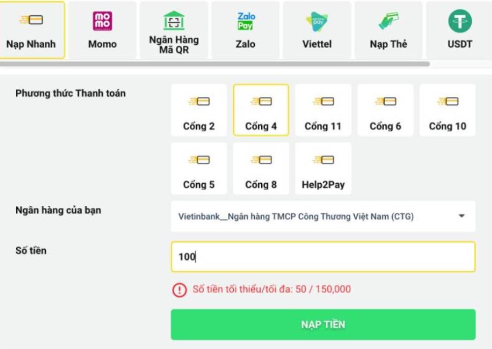 Nạp tiền Betvisa 1 Chọn phương thức nạp tiền phù hợp với bản thân người chơi
