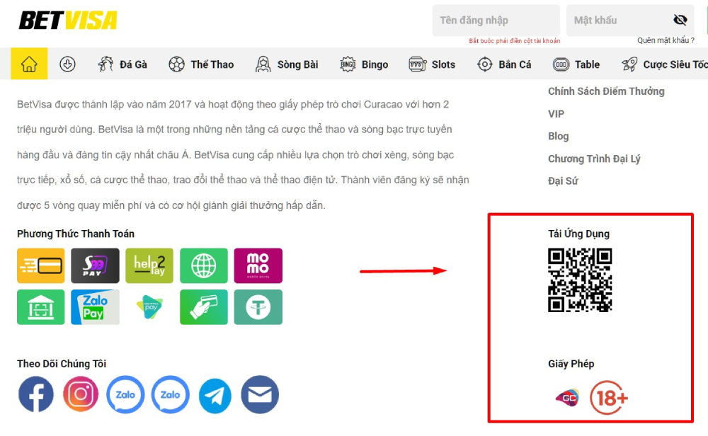 Trang chủ 33 Mã QR tải app nằm ở cuối giao diện trang chủ